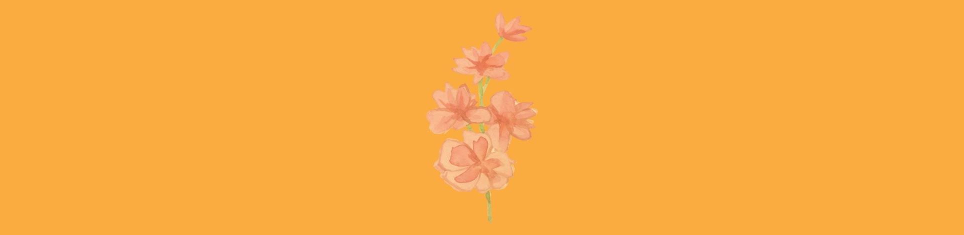 Five pink flowers on a green stem against an orange background