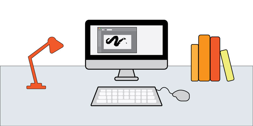 Illustration of a computer with a drawing program open on it, there is a stack of books and a lamp beside the computer.