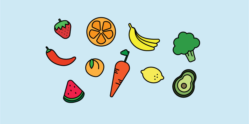 Illustration of a variety of fruits and vegetables on a blue background.