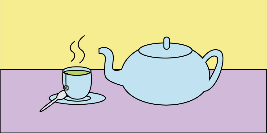 Illustration of a teapot with cup and spoon.