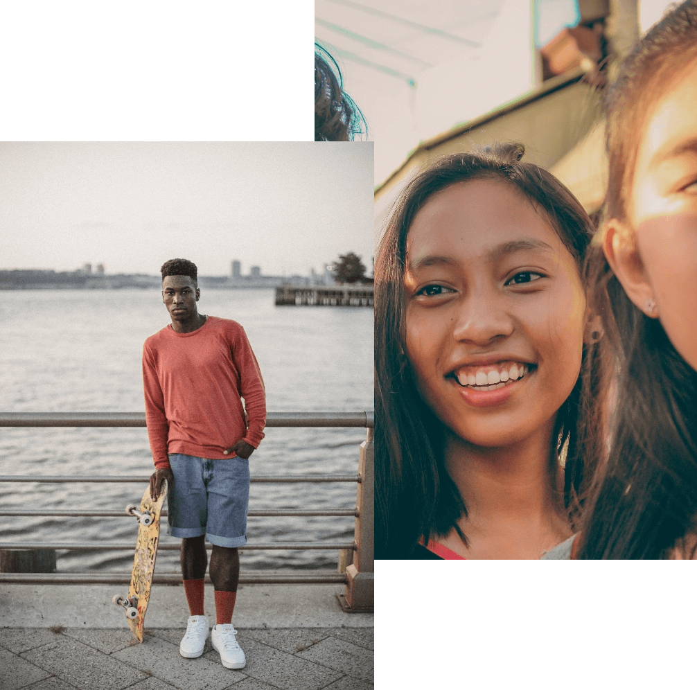 An African American male youth standing on the promenade leaning on a skateboard [LEFT] | A female in a group of friends smiling into a selfie camera [RIGHT]