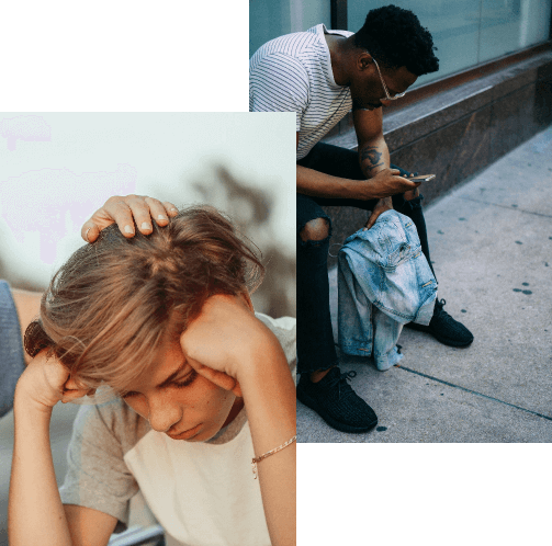 A female youth feeling depressed looking down [LEFT] | A male youth sitting down looking at his phone [RIGHT]