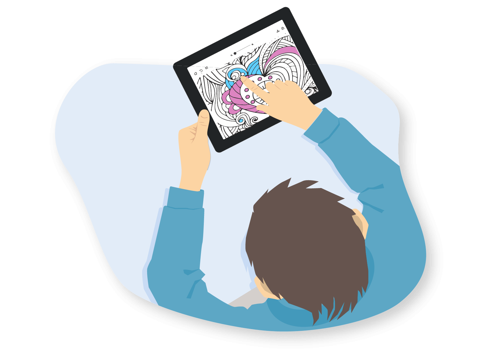 Illustration of a young person colouring on a tablet