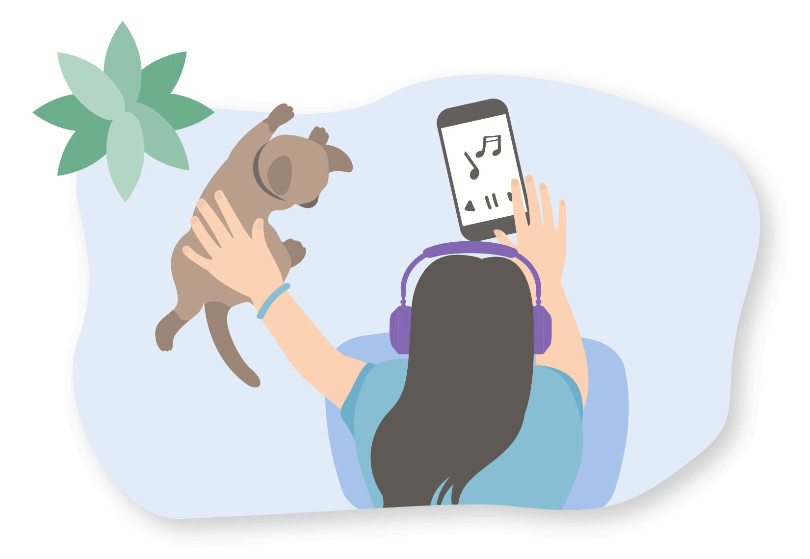 Illustration of a young person listening to music and petting a cat